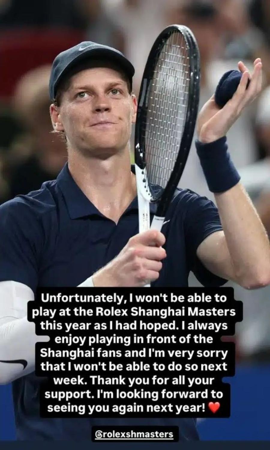 Mesajul lui Jannik Sinner Foto: story Instagram Jannik Sinner își amână din nou revenirea: a anunțat că ratează și turneul Masters 1000 de la Shanghai