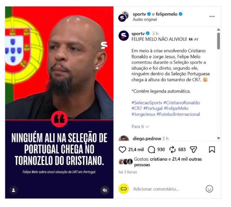 Cristiano Ronaldo a apreciat declarațiile lui Felipe Melo despre situația sa la naționala Portugaliei / Sursă foto: Captură SportV Cristiano Ronaldo a iscat noi controverse în scandalul de la naționala Portugaliei: „Diferență grotescă față de cum e tratat Messi”