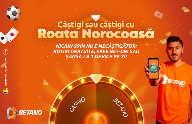 Câștigi sau câștigi cu Roata Norocoasă de pe Betano! Rotiri Gratuite, Jetoane de Aur, Free Bet-uri și un smartphone pe zi