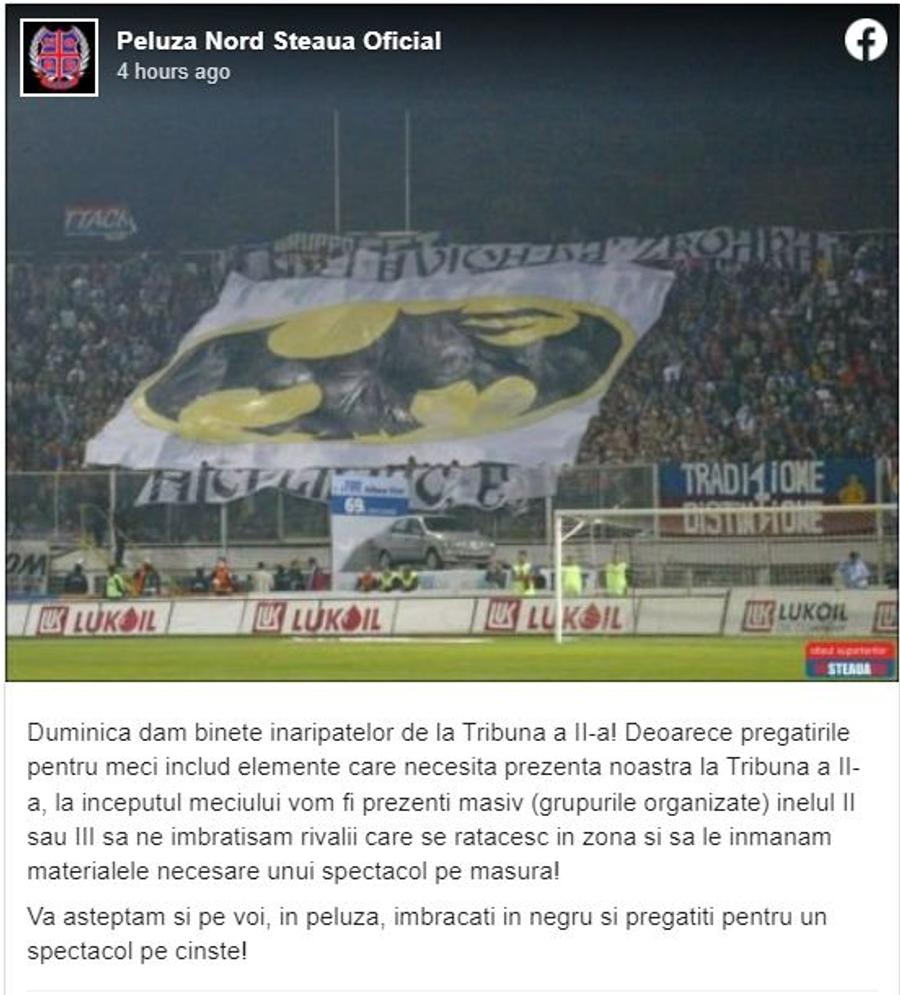 Mesajul Peluzei Nord Peluza Nord, îndemn rasist și violent înainte de FCSB - Rapid: „Să dăm binețe înaripatelor! Venim grupuri organizate să-i îmbrățișăm”