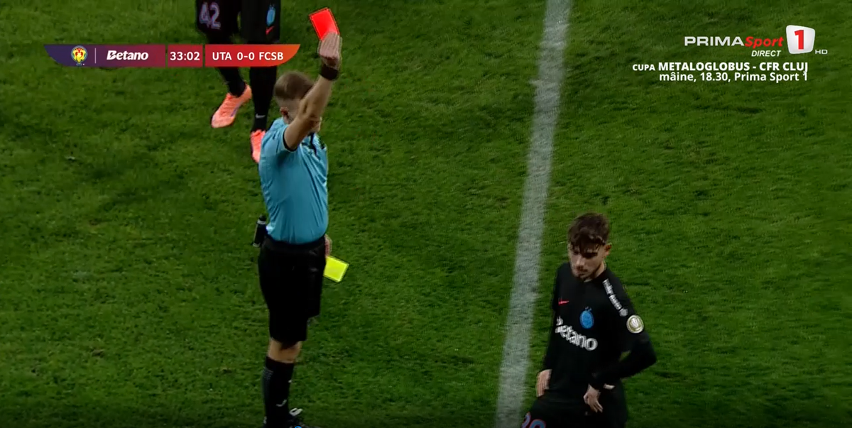Fault violent în UTA - FCSB! La debut, tânărul de 18 ani al campioanei a văzut direct cartonașul roșu