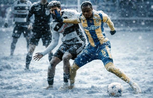 Superliga, îngropată în zăpadă! Cum ar arăta meciurile din România într-un scenariu de iarnă extremă