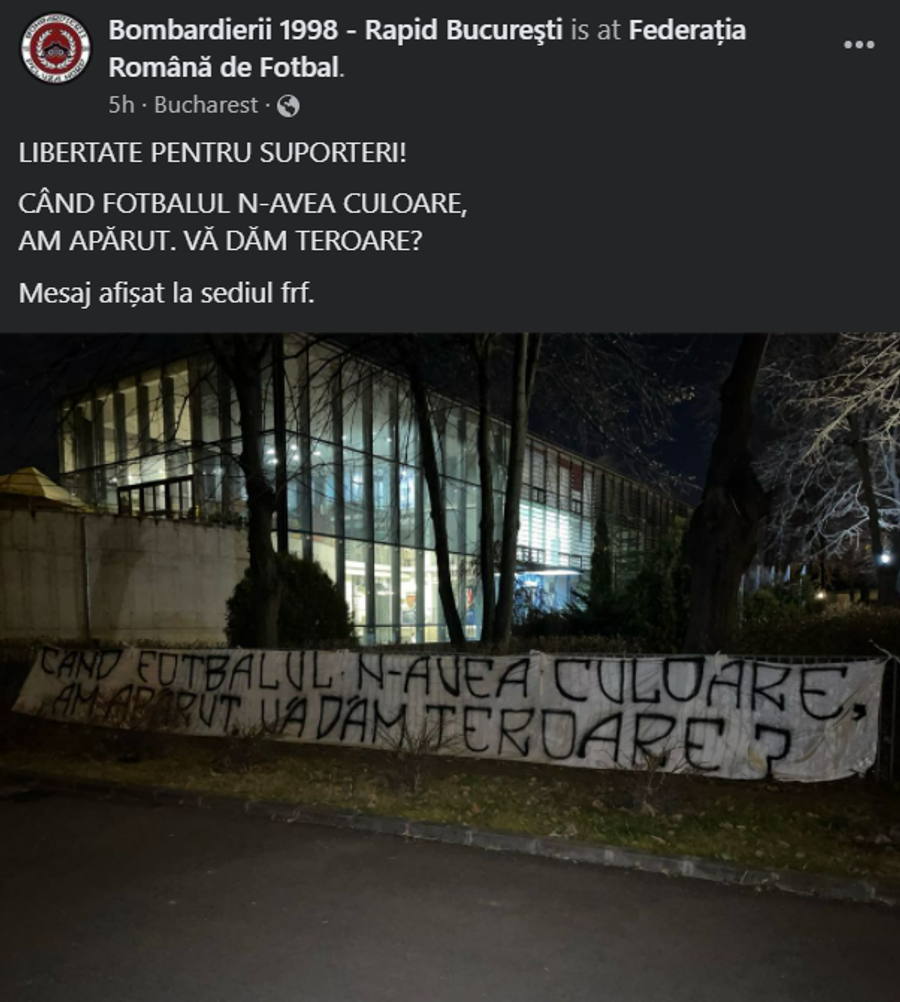 „Vă dăm teroare?” » Mesajul interpretabil afișat la sediul FRF, revendicat: „Vrem libertate”