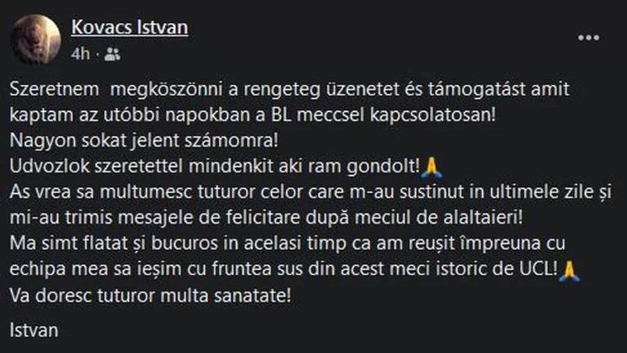 Postarea ștearsă de Kovacs „Urecheat” de UEFA, Istvan Kovacs a sunat la GSP, fără succes, ca să fie ștearsă o știre: „Vă rog, îmi faceți rău!”