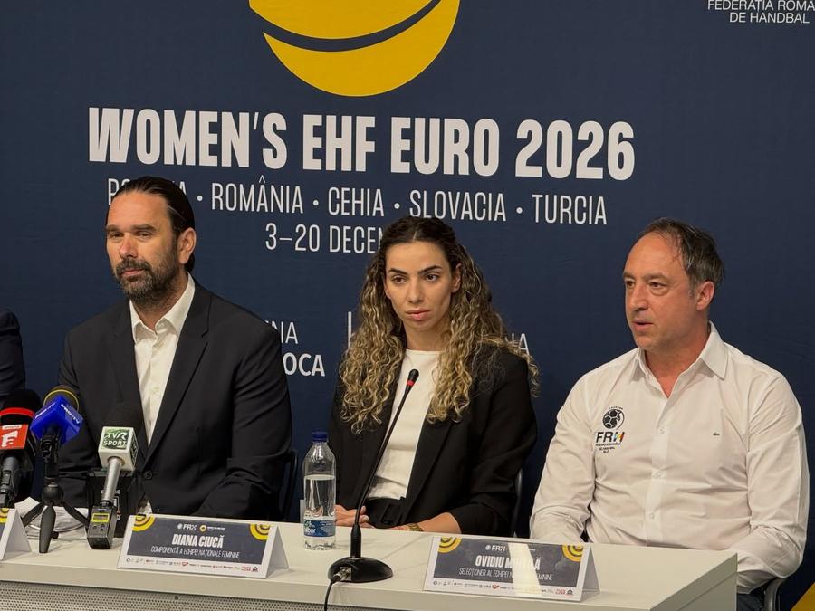 Bogdan Voina, președintele FRH, alături de Diana Ciucă, portărița naționalei și a lui Rapid București, și Ovidiu Mihăilă, selecționerul naționalei feminine/Foto: Facebook (FRH - Federația Română de Handbal) FRH a anunțat lansarea unei noi etape de vânzare a biletelor pentru EURO 2026! Bogdan Voina: „Obiectivul e Los Angeles 2028”