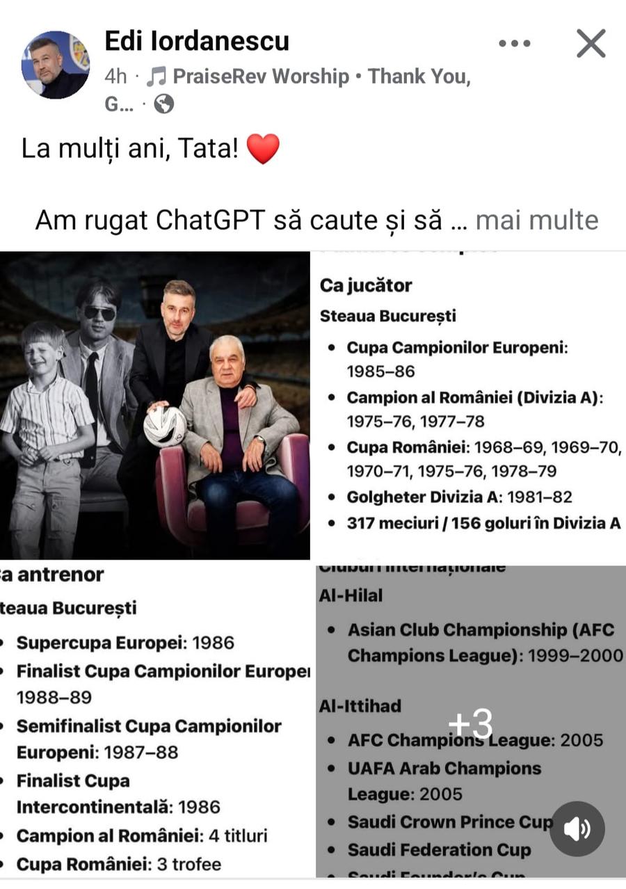 Mesajul lui Edi Iordănescu pentru tatăl său, pe rețelele de socializare Edi Iordănescu, mesaj pentru antrenorul Generației de Aur: „Am întrebat Chat GPT”