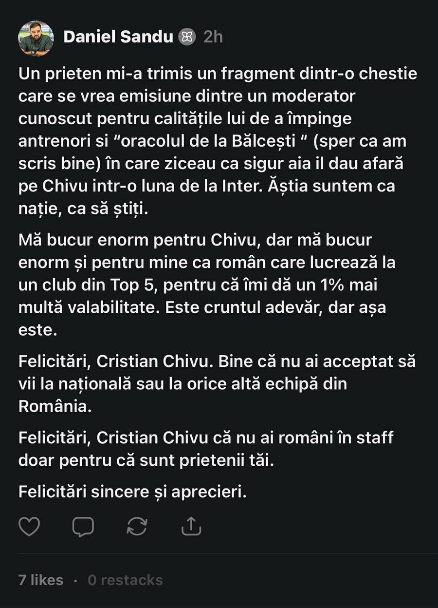 Mesajul lui Daniel Sandu Fostul conducător de la Rapid, mesaj neașteptat pentru Chivu: „Bine că nu ai acceptat să vii la națională!”