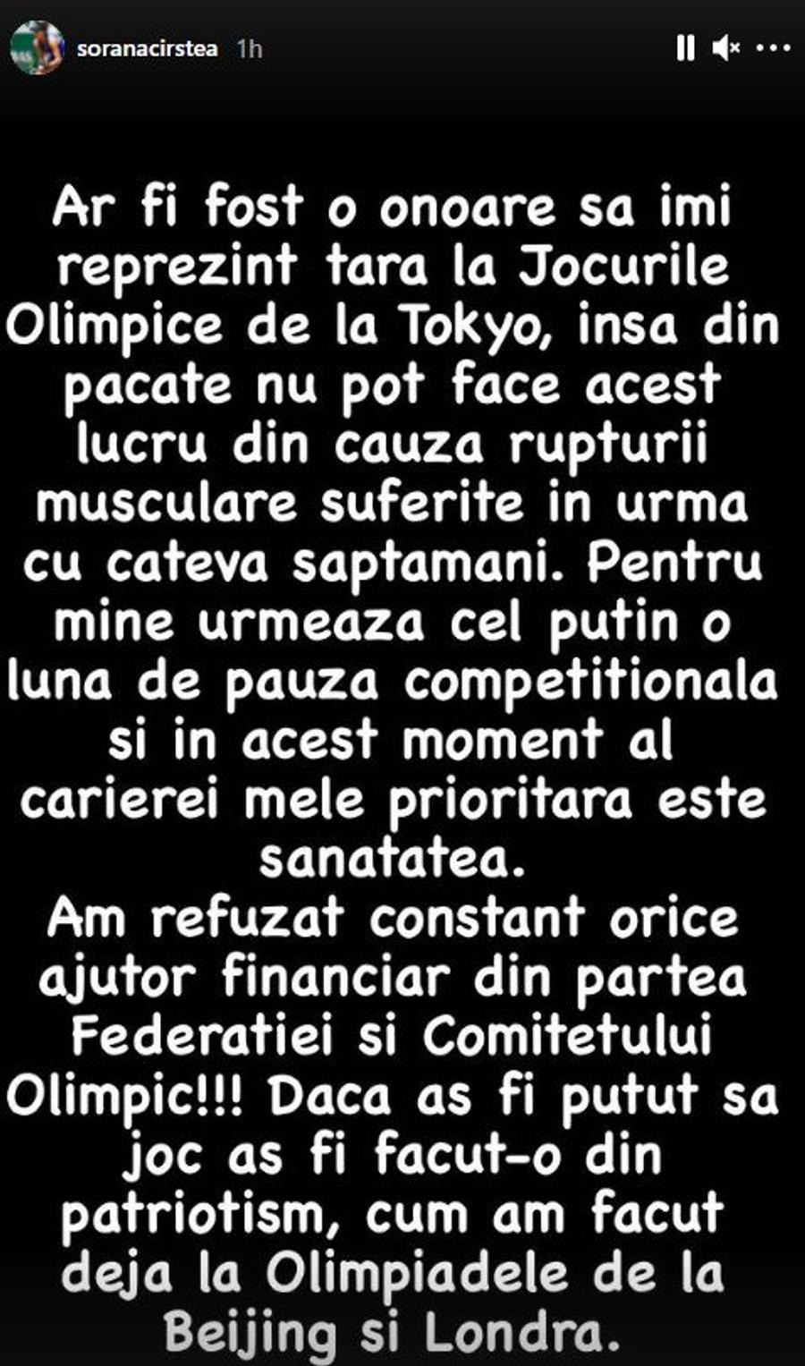 Sorana Cîrstea explică de ce nu va participa la Jocurile Olimpice