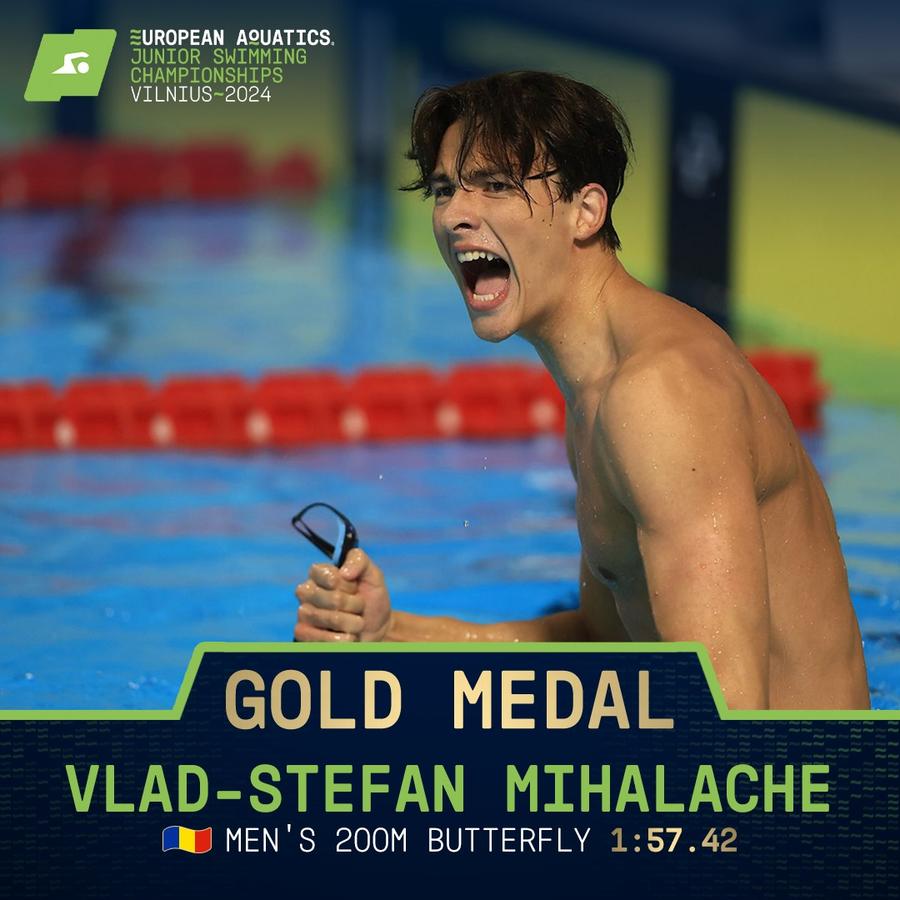 Vlad Mihalache la finalul cursei FOTO European Aquatics Robert Badea a adus al doilea aur pentru România la Campionatele Europene de juniori + Vlad Mihalache a spart gheața pentru delegația tricoloră la Vilnius