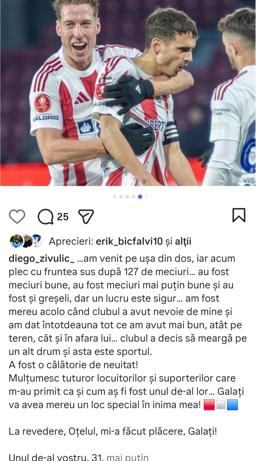 Mesaj pentru toți locuitorii Galațiului la despărțire: „Am venit pe ușa din dos, plec cu fruntea sus după 127 de meciuri”