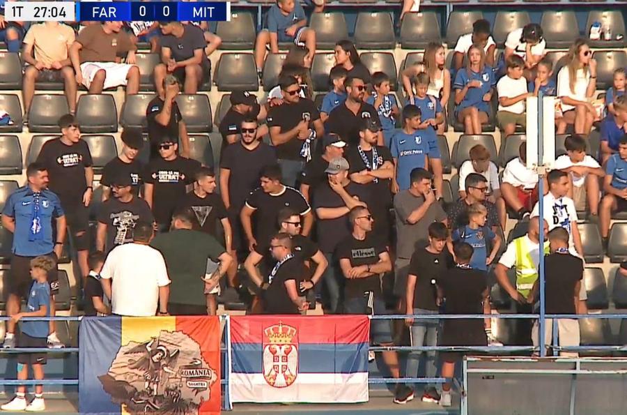 Suporterii Farului au afișat drapelul Serbiei în tribună Scandal uriaș în meciul Farului din Liga Campionilor: galeria, EVACUATĂ din cauza mesajului cu conotații politice