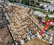 Imagini din dronă cu șantierul stadionului „Nicolae Dobrin”, la începutul lui septembrie 2026