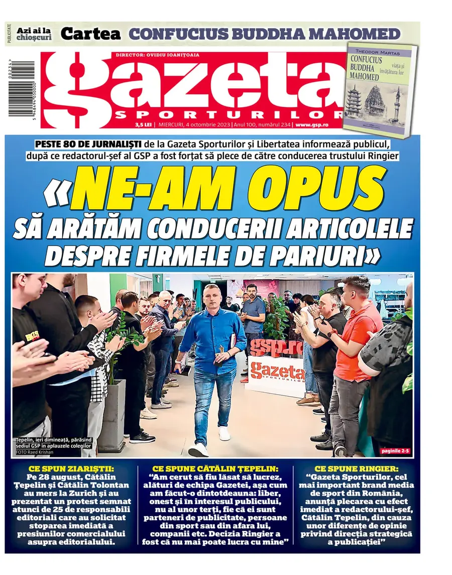 Pagina 1 a Gazetei de astăzi - 4 octombrie 2023 „Ne opunem!” » Coperta Gazetei Sporturilor de astăzi
