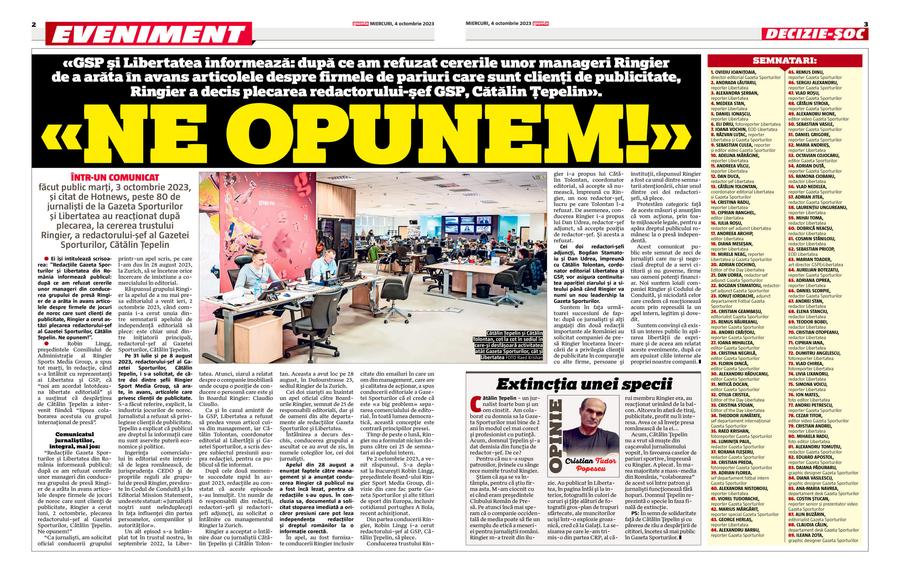 Paginile 2-3 din ediția tipărită de astăzi a Gazetei Sporturilor „Ne opunem!” » Coperta Gazetei Sporturilor de astăzi
