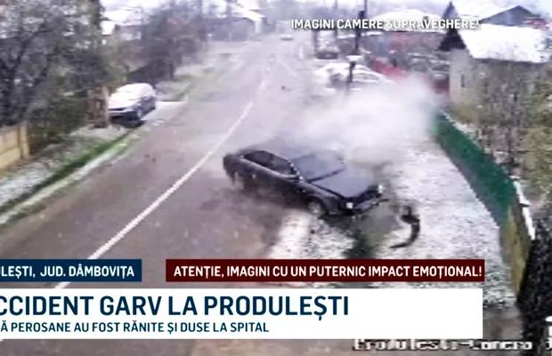 VIDEO Atenție la cauciucurile de iarnă! Un Audi din Dâmbovița s-a izbit în două mașini și un cap de pod!