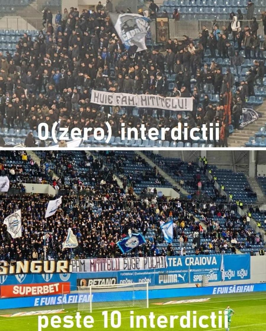 Suporterii lui CSU se plâng că pentru bannere cu conținut asemănător, Jandarmeria n-a luat măsuri împotriva fanilor FCU Alt război între rivalii din Craiova! Acuzații dure: „Nu este vorba de exces de zel, ci de mânjirea de către familia Mititelu a unor șefi”