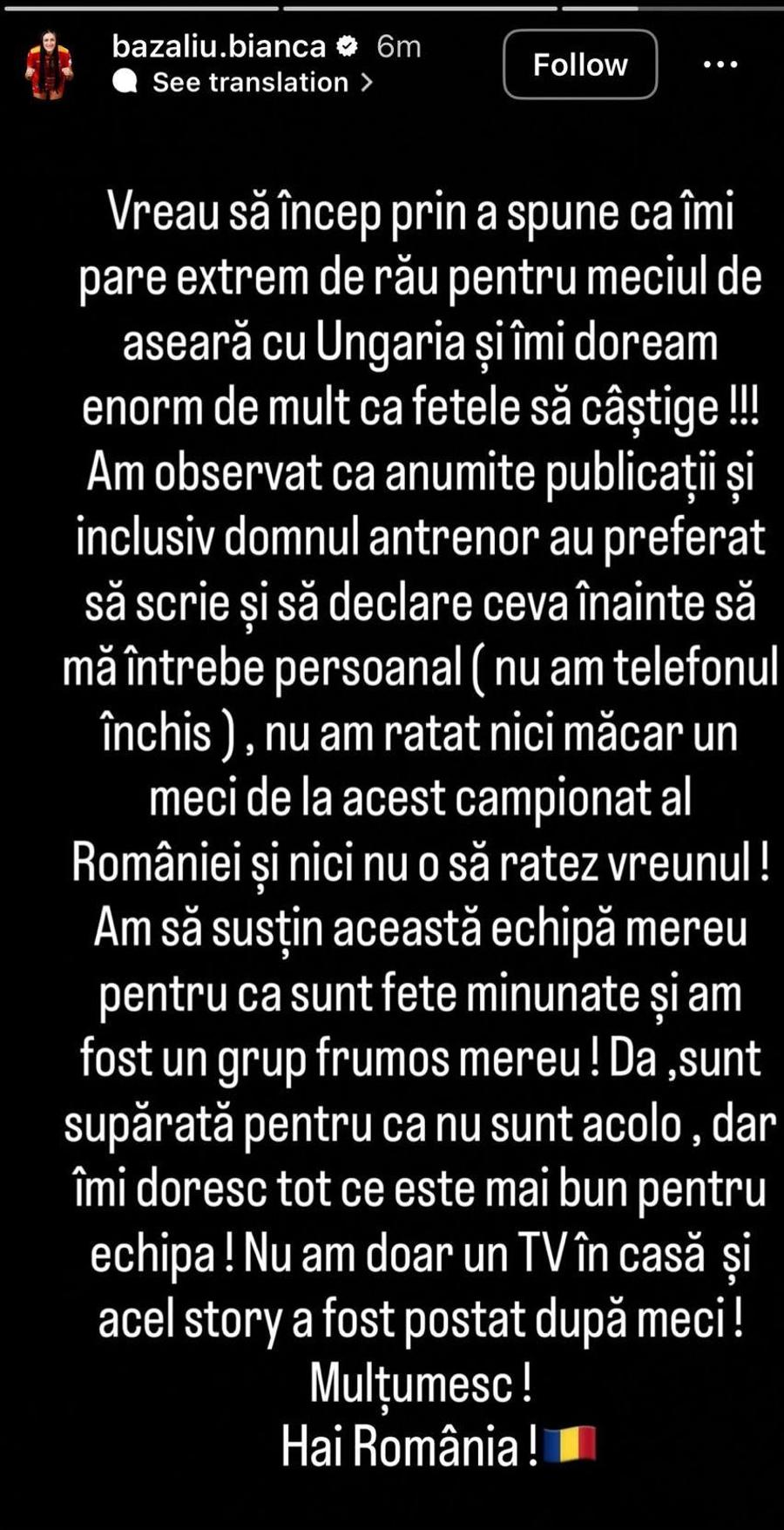 Mesajul postat de Bianca Bazaliu Bianca Bazaliu i-a răspuns selecționerului României: „Nu am doar un TV în casă”