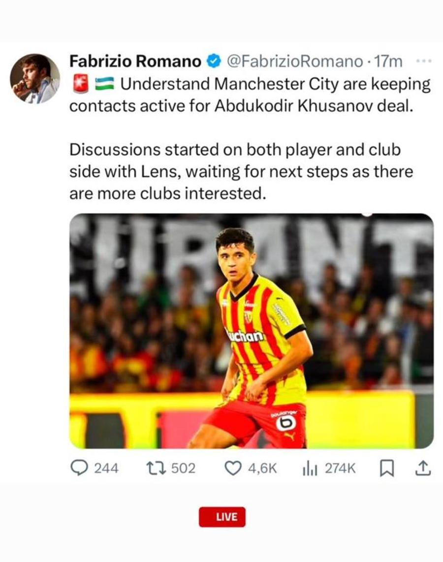 Anunțul făcut de Fabrizio Romano pe rețelele de socializare Manchester City, în discuții avansate pentru transferul unui tânăr fundaș din Uzbekistan » Mai multe cluburi din Premier League au intrat pe fir
