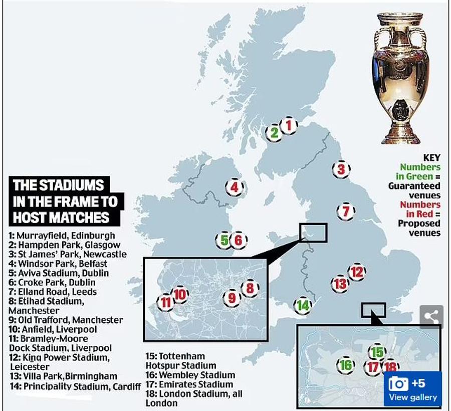 Cu verde, stadioanele sigure că vor găzdui meciuri. Cu roșu, propunerile It's coming home! Daily Mail anunță: „Vom organiza Euro 2028!” » Și România visa să găzduiască turneul