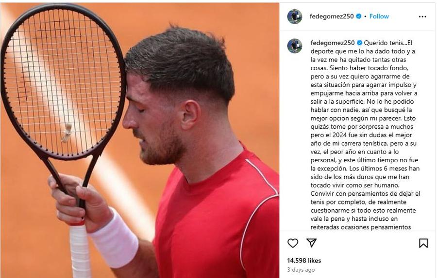 Mesajul lui Federico Gomez de pe Instagram Dezvăluirile tulburătoare care nu l-au lăsat impasibil pe Novak Djokovic: „Am dorit să părăsesc această lume”