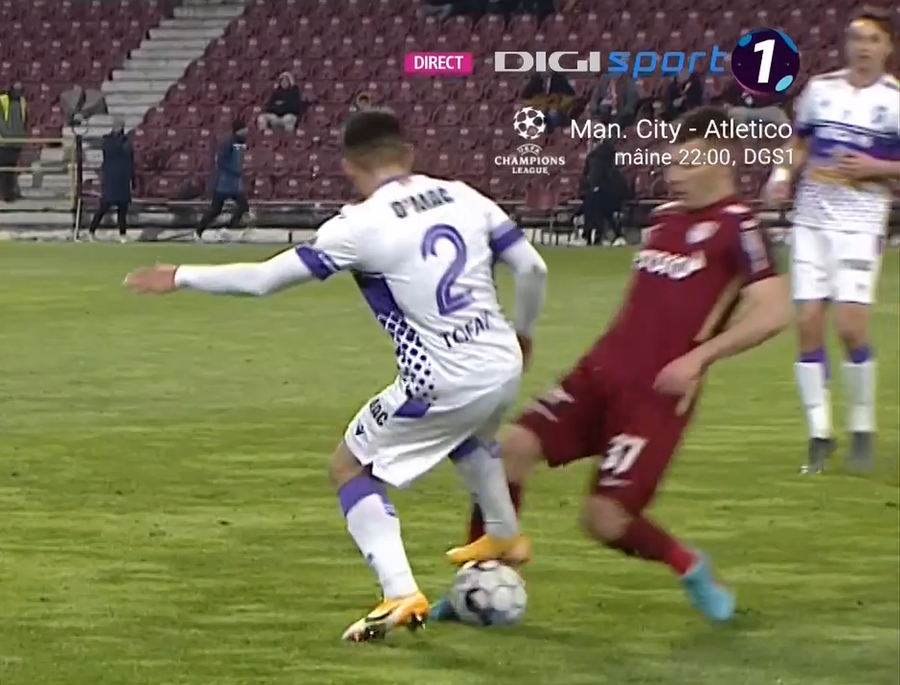 Faultul în urma căruia Bordeianu a fost accidentat / Captură TV @Digi Sport 1 Veste bună pentru Dan Petrescu: mijlocașul de națională revine rapid pe teren la CFR
