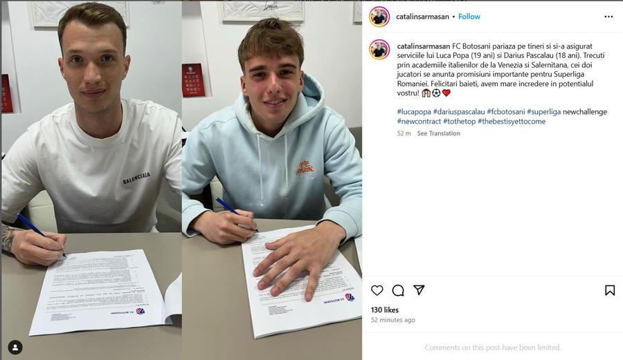 Foto: Instagram Cătălin Sărmășan Doi fotbaliști trecuți prin Italia au semnat cu FC Botoșani