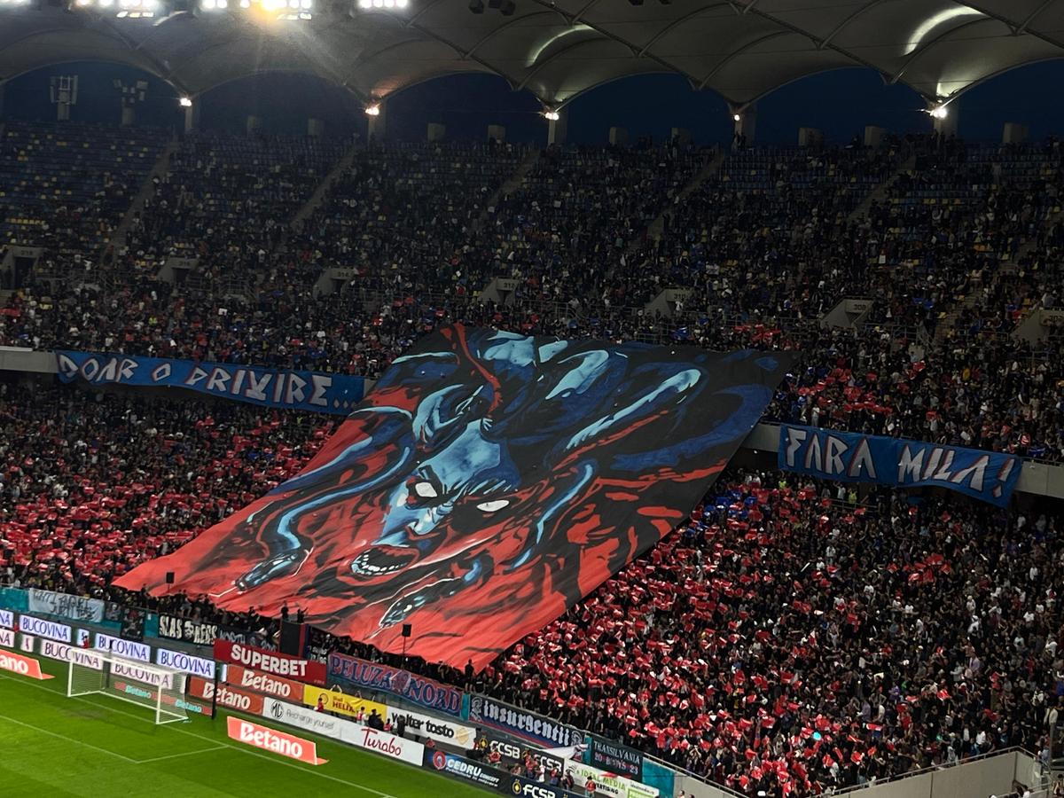 Spectacol în roșu și albastru! Galeria FCSB, superioară în duelul peluzelor: scenografia afișată în derby + dinamoviștii au răspuns cu un citat din Elisabeta Rizea