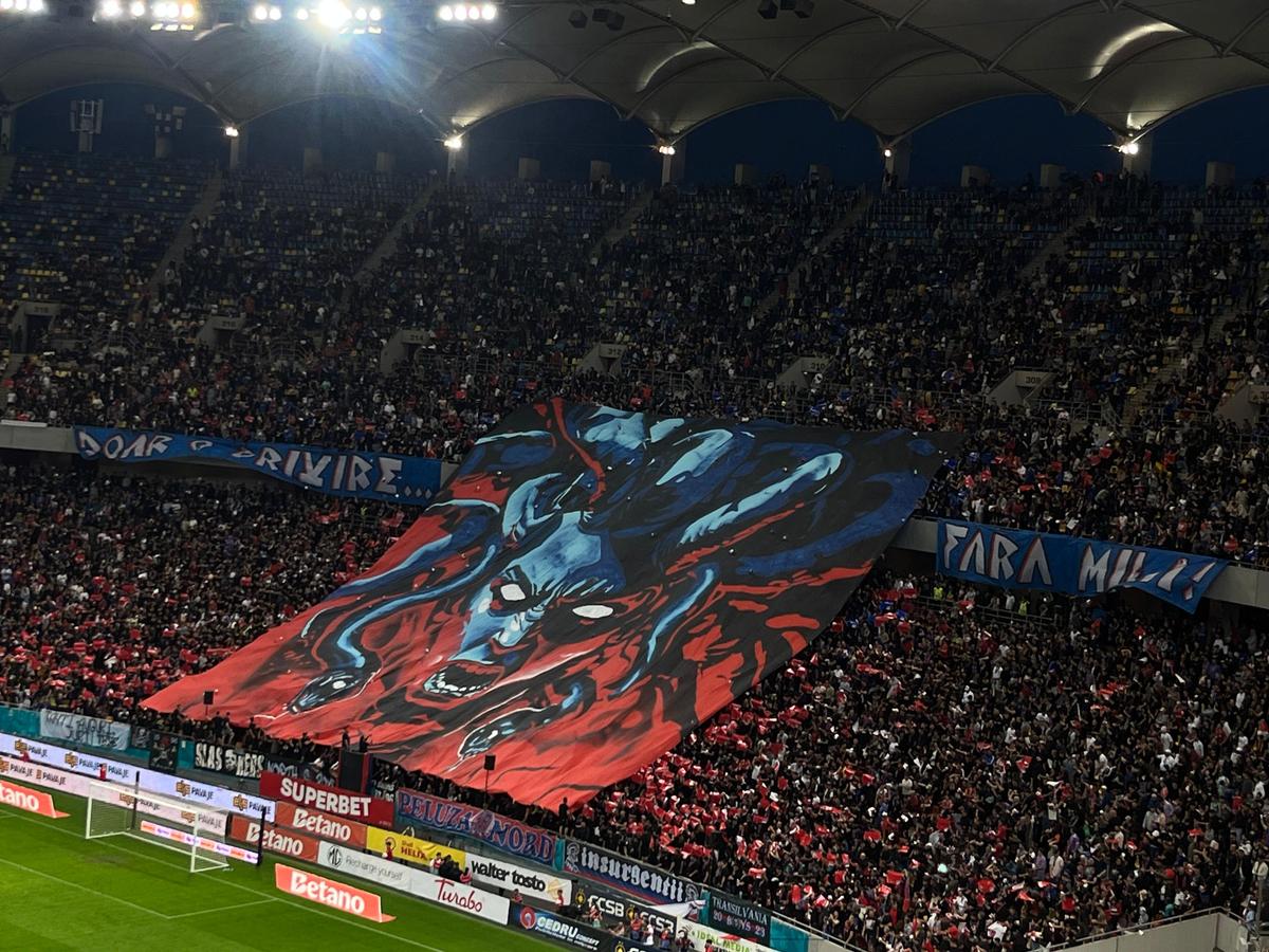 Spectacol în roșu și albastru! Galeria FCSB, superioară în duelul peluzelor: scenografia afișată în derby + dinamoviștii au răspuns cu un citat din Elisabeta Rizea