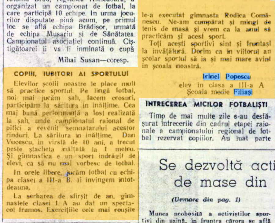 Articol semnat de elevul Irinel Popescu, în 1962, în ziarul „Sportul” „Șutul lui Oblemenco a rupt gardul în două!” » Amintirile de chibiț ale doctorului Irinel Popescu: „Japonezii se uitau cu dispreț la mine: ești leneș!”