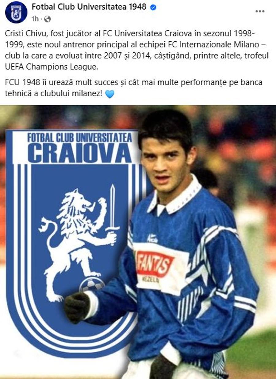 Sursă foto: Facebook FCU Craiova Primul club din România care l-a felicitat pe Cristi Chivu pentru preluarea lui Inter: „Mult succes!”