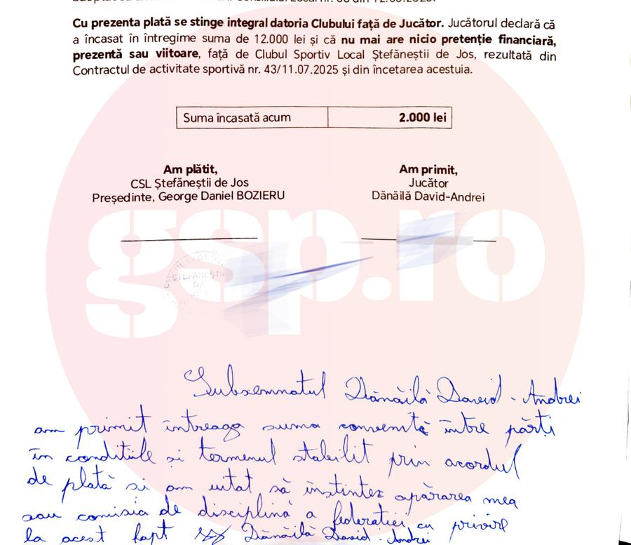 Nota semnată de David-Andrei Dănăilă, conform celor de la CSL Ștefăneștii de Jos Acuzații de fals în acte la nou-promovată » Documente antedatate și o decizie de depunctare ascunsă de FRF!