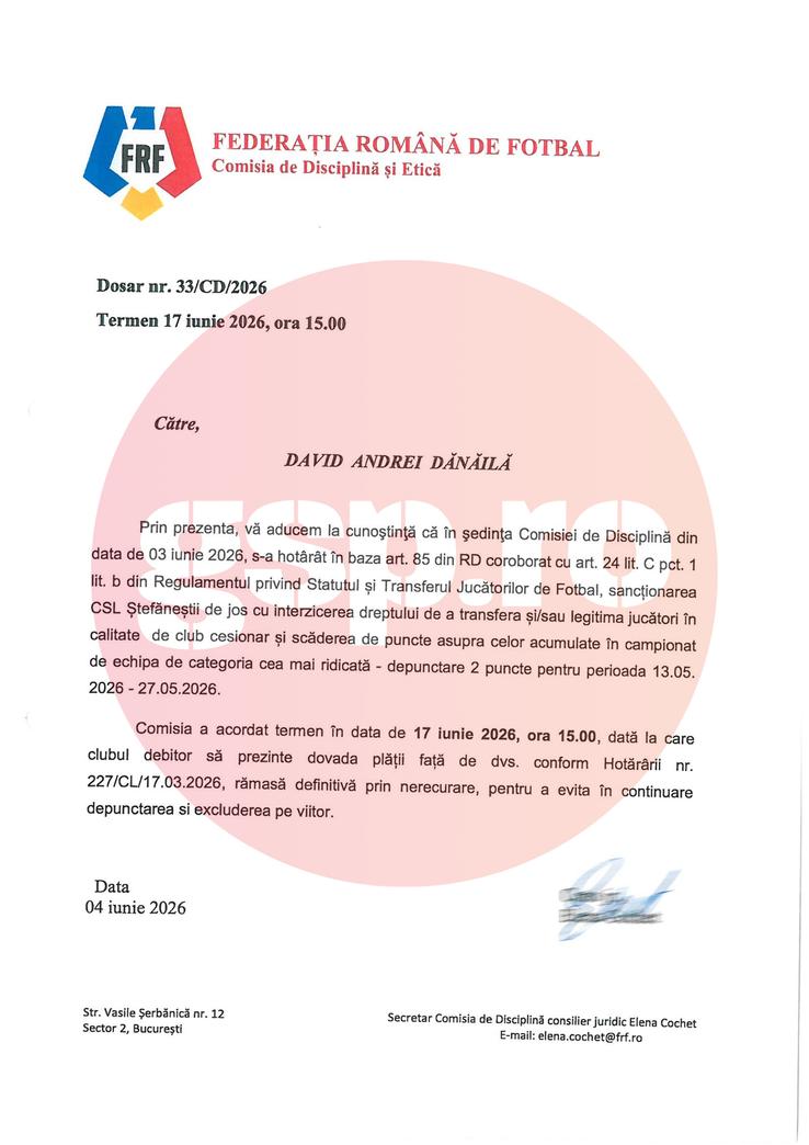 Decizia de pe 3 iunie a Comisiei de Disciplină din cadrul Federației Române de Fotbal