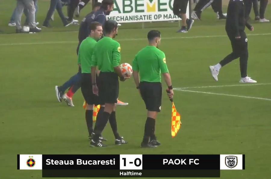 Captură de pe transmisiunea video a partidei, oferită de PAOK FCSB - PAOK 1-1 » Toți joacă pentru Coman! Florinel a fost din nou MVP pentru FCSB, care a remizat cu PAOK în cel mai tare amical al verii