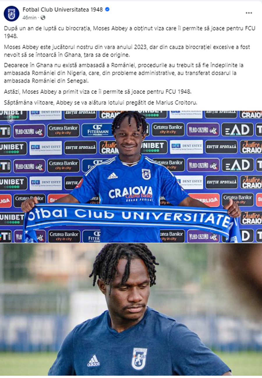Anunțul oficial făcut de FCU Craiova în privința lui Moses Abbey / FCU Craiova (Facebook) Cel mai ciudat transfer al verii în România » Fotbalistul prezentat oficial de două ori în decurs de un an de același club, fără să fi jucat vreun meci!