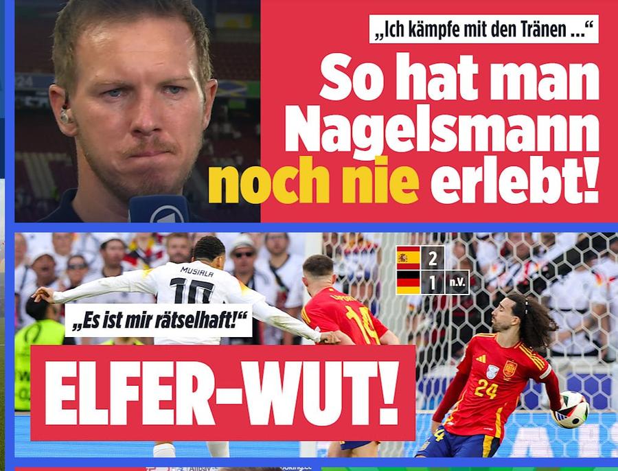 Pagina de deschidere a bild.de după ce Germania a pierdut (1-2) în prelungiri contra Spaniei Nagelsmann a răbufnit: „De ce nu vedeți acest penalty clar, deși aveți 48.000 de reluări?” + Schweinsteiger: „Îmi sângerează inima când văd așa nedreptate!”
