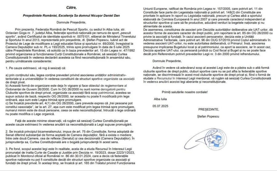Sesizarea formulată de Federația Română de Pescuit Sportiv prin președintele Ștefan Popescu Parlamentul a trimis noua Lege a Sportului spre promulgare! Un președinte de federație se opune: „E neconstituțională! Am 5 argumente”