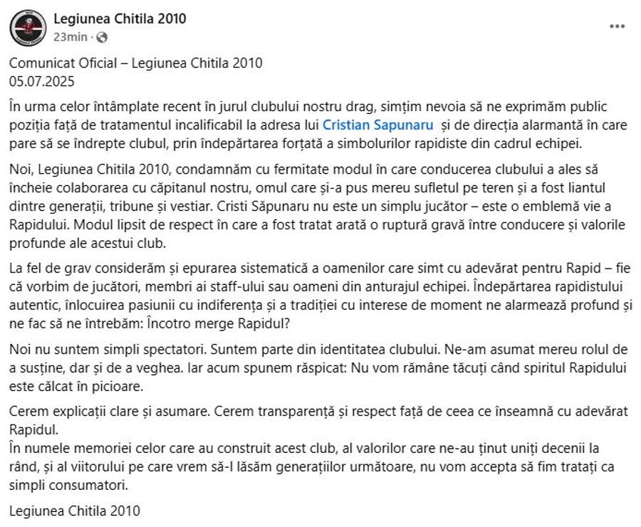 Comunicatul Legiunii Chitila 2010 O brigadă din galerie sare la conducerea Rapidului: „Tratament incalificabil! Nu vom rămâne tăcuți”