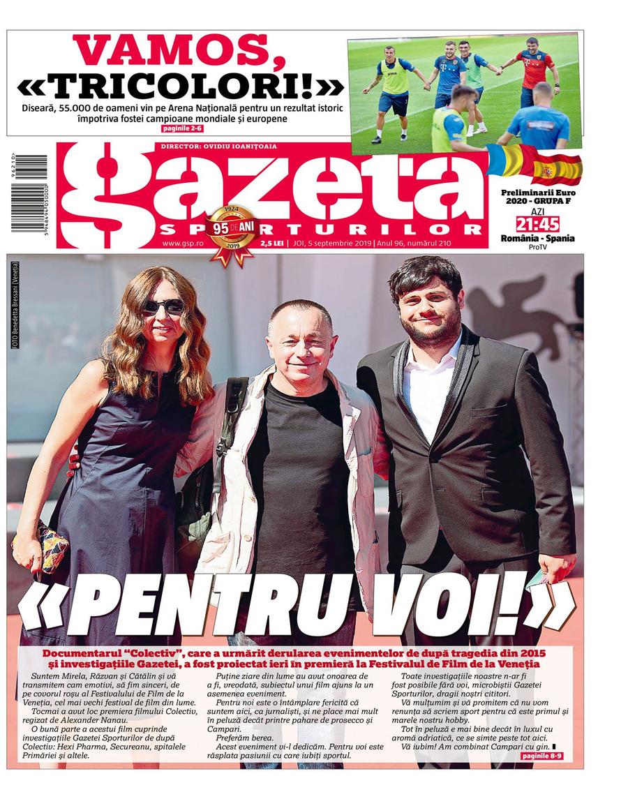 Documentarul „Colectiv”, proiectat în premieră la Festivalul de Film de la Veneția » Echipa de investigații a Gazetei, mesaj pentru cititori: „Pentru voi”