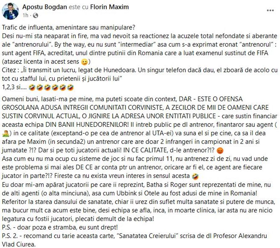 FOTO: Captură Facebook @Bogdan Apostu Amenințat de Rednic, îi răspunde antrenorului: „Trafic de influență, amenințare sau manipulare?”