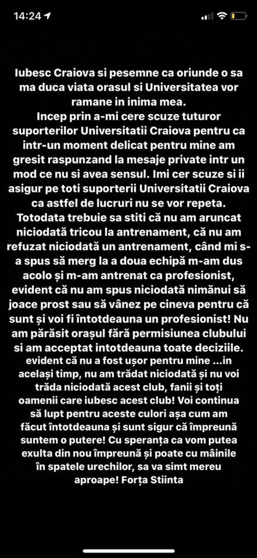 CRAIOVA // Pigliacelli le-a prezentat scuze fanilor: ”Nu voi trăda niciodată acest club!”