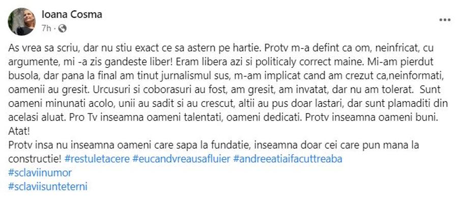 „Sclavii nu mor” » Ioana Cosma, mesaj criptic în miezul nopții: „Îmi zicea să gândesc liber, eram liberă azi și politically correct mâine”