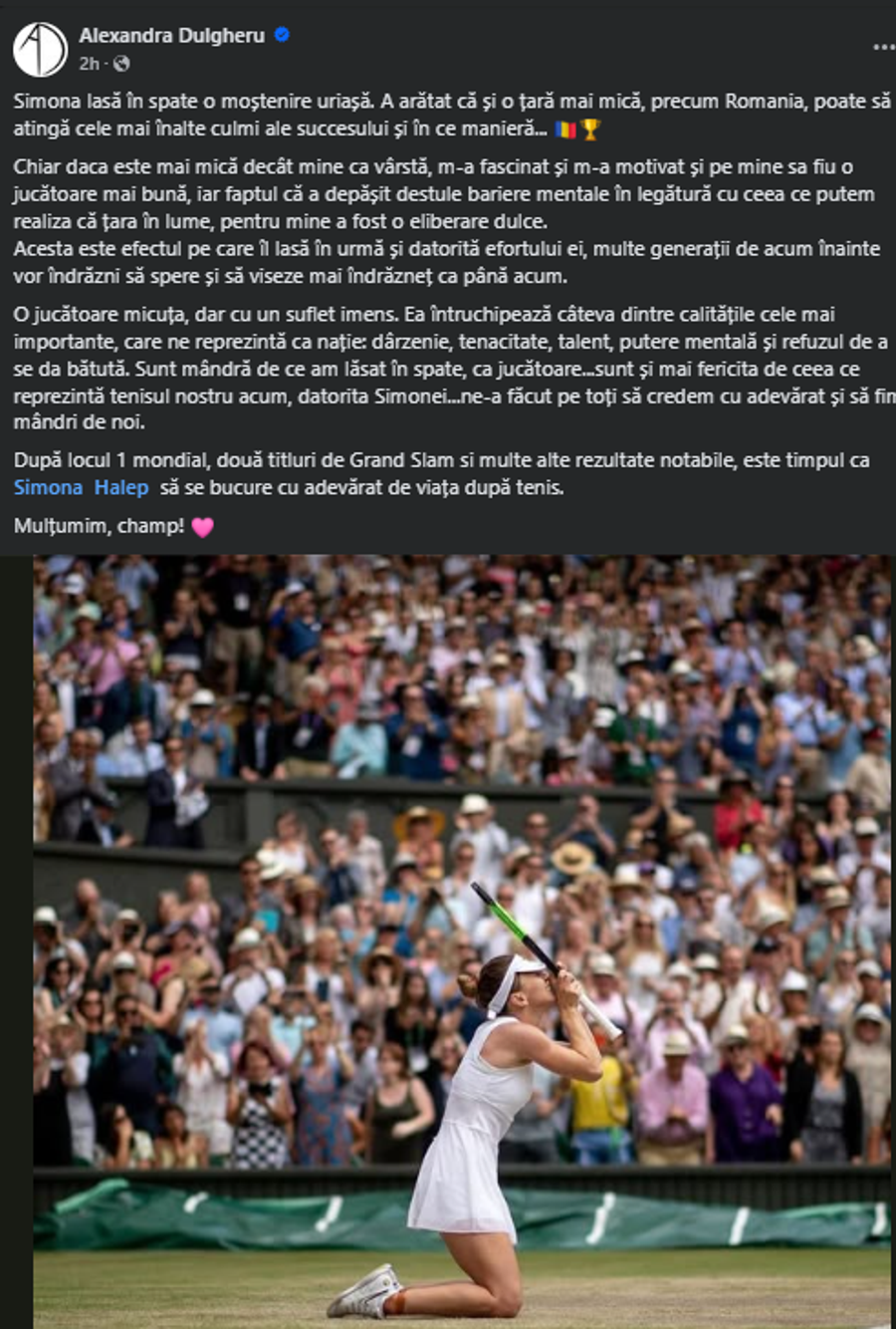 Mesajul Alexandrei Dulgheru la retragerea Simonei Halep Alexandra Dulgheru, mesaj emoționant la retragerea Simonei Halep: „O jucătoare micuță, dar cu un suflet imens”