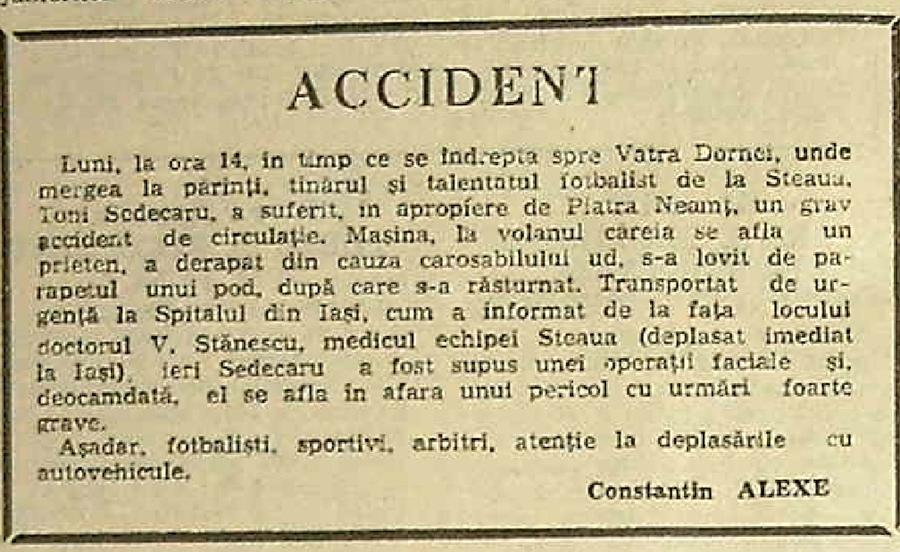 Știrea accidentului, apărută în Gazeta Sporturilor Interviu cu un fost coleg de generație cu Petrescu, Popescu și Prunea: „Mi s-a făcut rău, simțeam cum mă strâng pereții, nu mai aveam oxigen. Sufeream de sindromul singurătății”