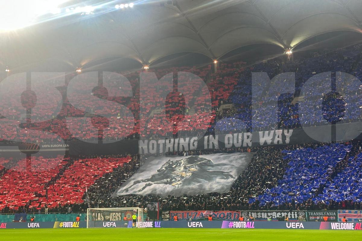 Din Stăpânul Inelelor, 300 sau Biblie? FCSB, scenografie înfricoșătoare la meciul cu Lyon: ce a apărut în Peluza Nord