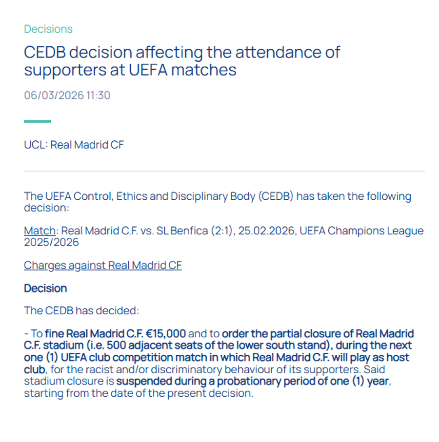 Decizia UEFA / foto: disciplinary.uefa.com UEFA a luat decizia » Real Madrid, sancționată pentru rasism