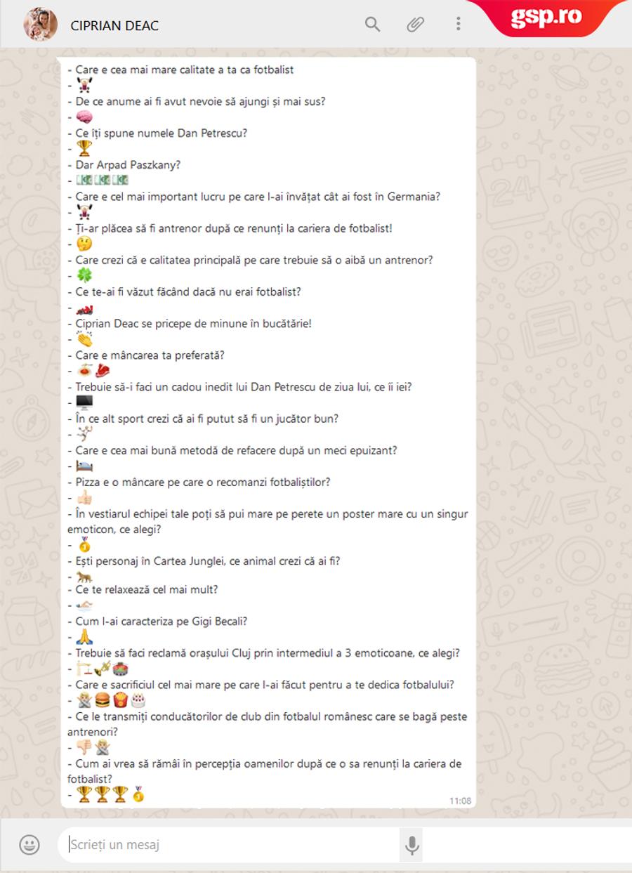 WhatsApp Q&A cu Ciprian Deac » „Ce îi iei lui Dan Petrescu de ziua lui? Ce îți spune numele lui?”. Fotbalistul lui CFR Cluj răspunde prin emoticoane în provocarea GSP