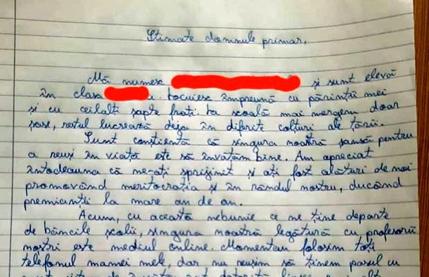 Scrisoarea emoționantă a elevei din Vaslui pentru primar: „Vă rog cu toată fiinţa mea să îmi împrumutaţi un telefon, pentru a-mi putea face temele” + Reacția edilului: „Mi-au dat lacrimile, copil minunat!”