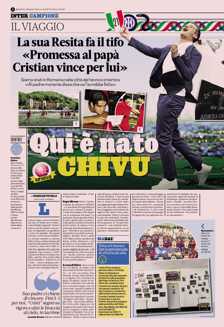 Pagina din cotidianul Gazzetta dello Sport Cum putea să se schimbe soarta lui Cristi Chivu în urmă cu 10 ani: „Am discutat” » Amintire de la cel mai greu meci: „Juca și plângea”