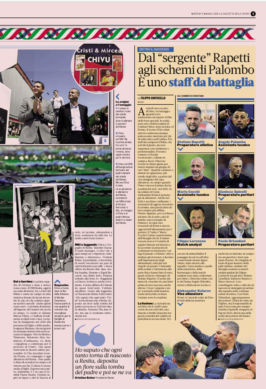 Pagina din ziarul Gazzetta dello Sport „Acasă la Cristi Chivu” » Italienii au ajuns la Reșița, în orașul campionului! Detaliul care i-a surprins: „Se întoarce pe furiș la mormânt”