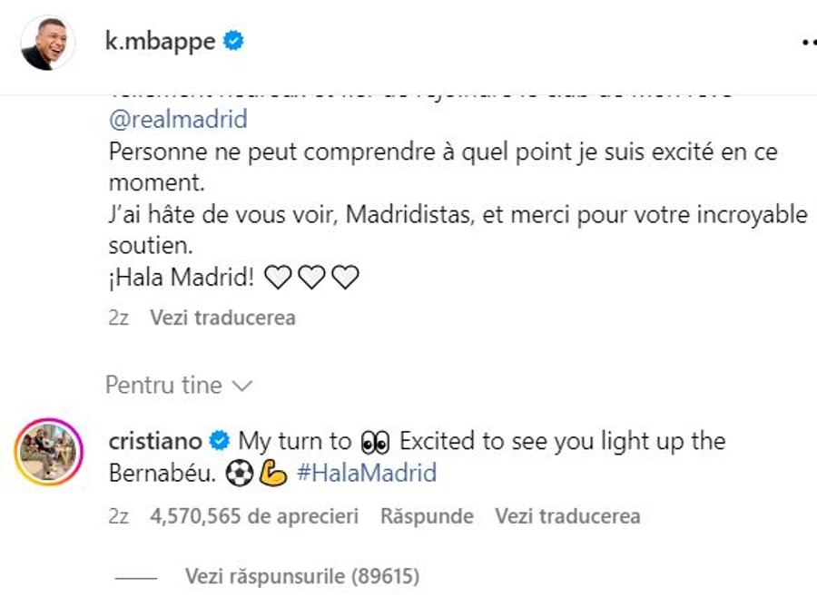 Comentariul lui Cristiano Ronaldo la postarea lui Kylian Mbappe a devenit cel mai apreciat din istoria Instagram Istorie pe ruta Cristiano Ronaldo - Kylian Mbappe! Ce record a bătut CR7